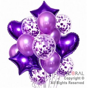SET DE GLOBOS METALIZADOS ESTRELLA CORAZON CONFETI Y LATEX VIOLETA x 14 UNIDADES